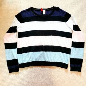 DIVIDED Striped Knit Sweater Crewneck Long Sleeves Ribbed Blue Pink White Medium